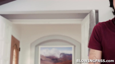 Petite teen giving roommate free blowjob