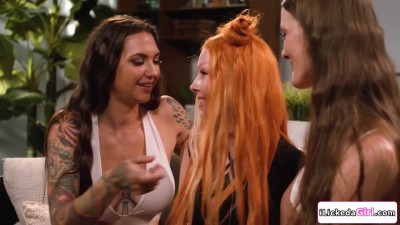 Lesbian couple fucking redhead stripper