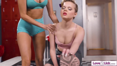 Rival cheerleaders licking in lockerroom