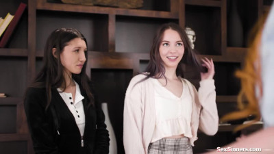 Teens taught how to lick by busty mentor