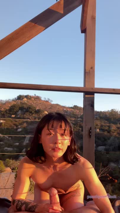 Peachycatsnack - Cute Asian Muscle Girl Rides Cock On The Patio Outdoors Pov - ePornhubs