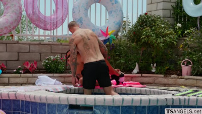 Curly haired latina TS analed in the pool