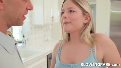 Blonde teen gives random visitor blowjob